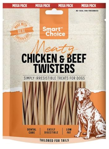 Chicken & Beef Twister Dog Treats Made with Real Chicken, Low Fat Dental Care Training Rewards, Easy Digest Chewy Snacks in Resealable 300g Pack Approx 60 Pieces - Mega Pack