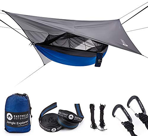 Easthills Outdoors Jungle Explorer 118 x 79 Double Camping Hammock Lightweight Rip-Stop Parachute Nylon 2 Person Hammocks with Removable Bug Net, Tree Straps and Tarp Blue