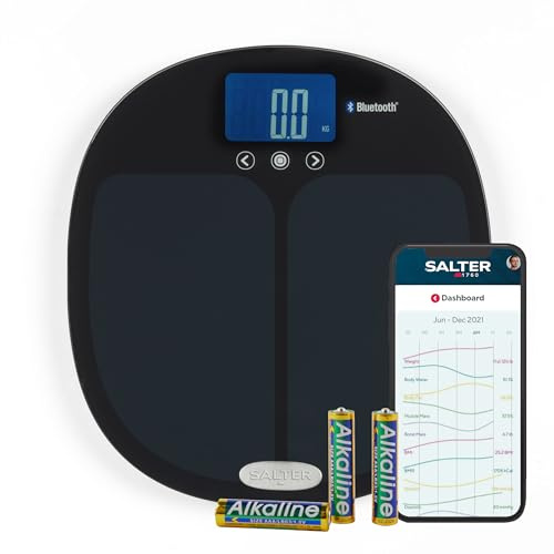 Salter Bluetooth Analyser Scale – Digital Bathroom Scale, Personal Body Weight Scale, Measure Weight, Fat, Water, Muscle Mass, Bone Mass, BMI and BMR, Bluetooth/App Connectivity, 8-User, 9192 BK3R