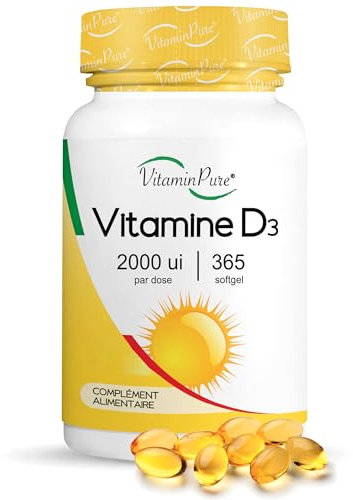 Vitamina D3 2000 UI Alto Dosaggio, 365 SoftGel Facili da Deglutire, Integratore Vitamina D (Vit D) per Ossa e Difese Immunitarie - VitaminPure