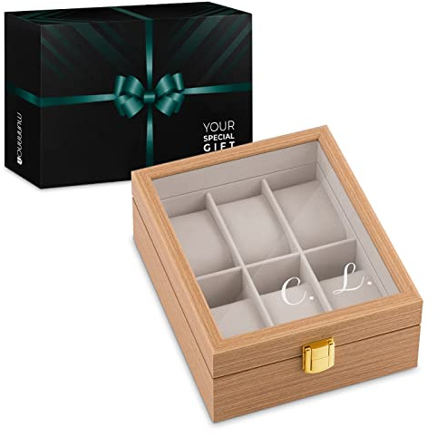 Maverton Boîte à 6 montres avec gravure - Coffret à montres en bois avec fenêtre personnalisée - 20x16,5x8 cm - Cadeau pour femme - Pour anniversaire d’amie - Initiales