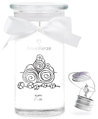 JuwelKerze Fluffy Cotton Halskette Silber - Schmuckkerze - große Duftkerze mit Baumwolle & Leinen Duft - weiße Kerze mit Schmuck Überraschung
