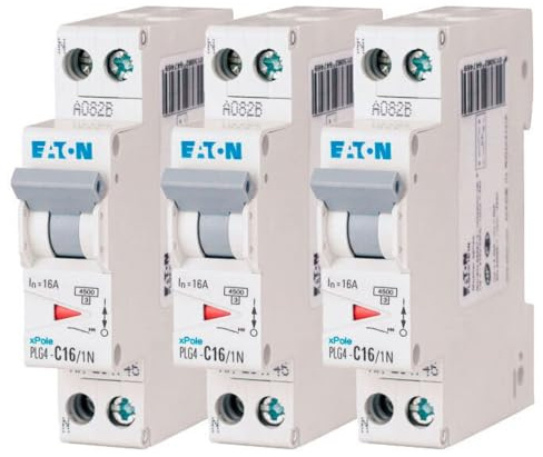EATON 264746 PLG4-C16/1N - DISJONCTEUR MODULAIRE PH/N - Blanc - MANETTE GRISE - 1P+N / 16 A - COURBE C - Raccordement à vis - 3 disjoncteurs