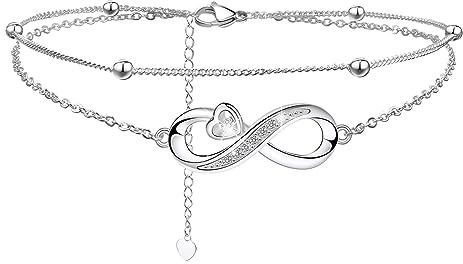 CheersLife Bracelet de Cheville pour Femme Argent Double Chaînes avec Boules Été Pieds Nus Fête Sur la Plage Chaînes de Cheville avec Zircones, Réglable Chaîne de Pied Cœur Infini