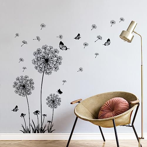 Tanlaby Löwenzahn Wandsticker Schwarz Blumen Wandtattoo Pusteblume Schmetterlinge Wandaufkleber für Wohnzimmer Schlafzimmer Büros Sofa Hintergrund Hause Wanddekoration
