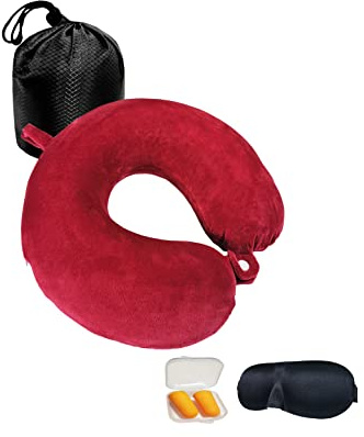 NavoX Cuscino da viaggio Cuscino collo in memory foam Cuscino di supporto, Maschera per dormire/tappo per le orecchie/sacchetto, confezione rapida compatta e leggera per campeggio,voli (Rosso)