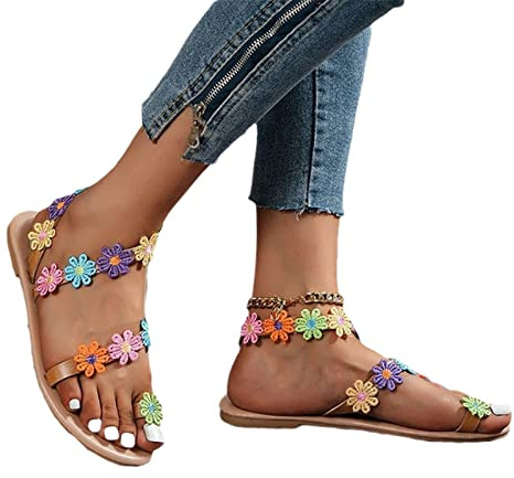 Sandalias Playa Bohemia Mujer Con Borlas/flores Sandals Flip Flop Sandalias De Gladiador De Verano Sandalias Romanas Planas Con Clip En Los Dedos Chanclas Tallas Grandes ( Color : Flowers , Size : 42