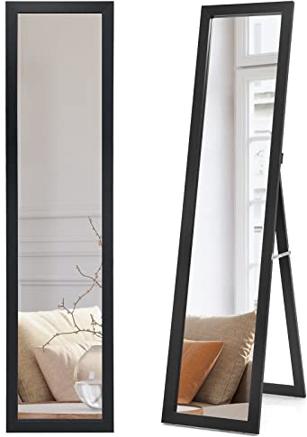 GYMAX Specchio da Terra, Specchio da Parete, Inclinazione Regolabile, con Cornice in Legno Rettangolare, per Camera da Letto, Specchiera Moderna, 37 x 50 x 148 cm (Nero)