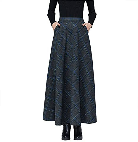 Damen Lang Rock Elegant Maxi Winterrock Plaid Warm Wollrock Hohe Taille Karierter röcke Herbst Elastische Taille Vintage A Linie Casual Midi Faltenrock I Grau M