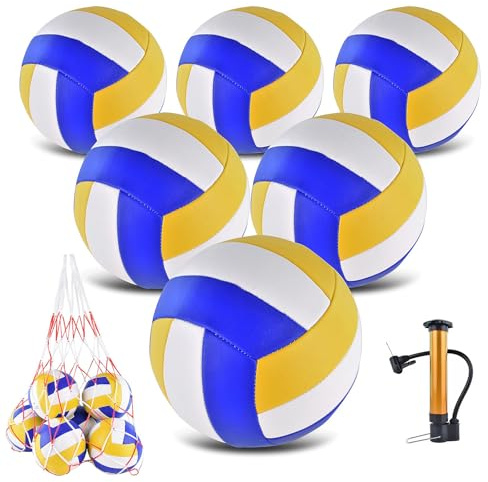 ELKCIP 6 Pack Volleyballs Official Size 5, Soft Bulk Recreational Volley Balls with Pump and Net Bag for Indoor Outdoor Beach Pool Water Sand Game Training Match for Beginner, Yellow