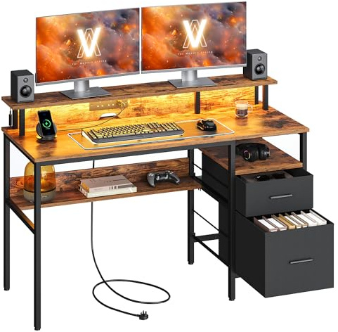 VASAGLE Computer Desk with Fabric Drawers, Study Desk with Monitor Stand, LED Lighting, 55 x 135 x 90 cm, Built-in Power Outlets, 2 USB-A Ports, for Home Office, Rustic Brown LWD094K01