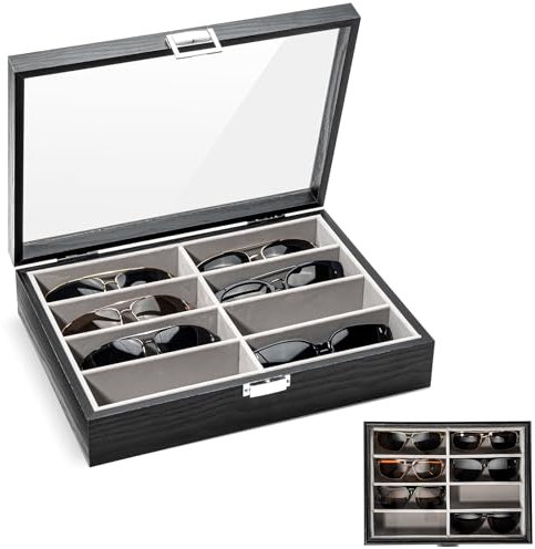 ProCase 8 Slots Wooden Sunglasses Organizer Trays for Men Women, Glass Display Case Multiple Pairs Eyewear Eyeglass Holder Storage Box -Black