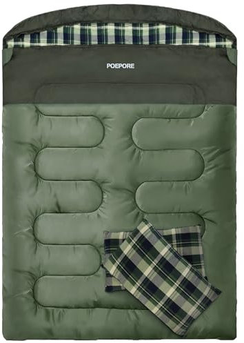 Poepore Doppelschlafsack Flanell für Erwachsene Deckenschlafsack Baumwolle 2 Personen Winter mit 2 Kissen und Tragetasche für Outdoor Camping Wandern 233 * 157CM Grün