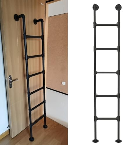 Yopappol Wall Mounted Attic Loft Ladder Black Interior Bunk Bed Ladder Metal Iron Fire Escape Ladder for Dorm,Library,Warehouse,Deck,RV,Boat, 330LBS Load(240cm/94in)