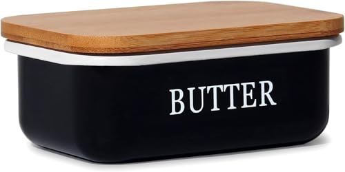 Madera Nieve Mantequillera con tapa de madera, campana para 250 g de mantequilla, mantequillera multiusos, con tapa de bambú elegante y sostenible. (Negro, 250g)