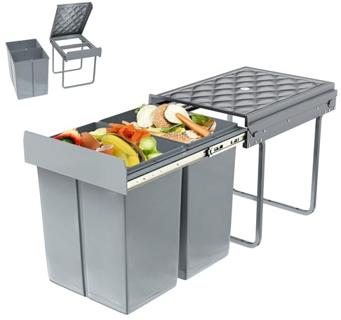 AufuN Sophink avfallsbehållare sopkorg kök underskåp utdrag, avfallssepareringssystem 2 fack utdragbar 2 x 20 l, fullt utdrag med teleskopskenor, 48 x 34 x 42 cm (L x B x H), grå