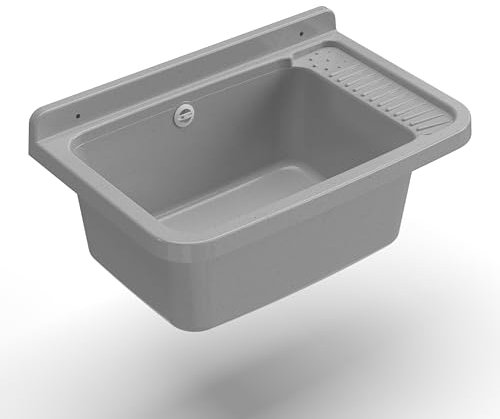 Adventa Bañera lavadero de Resina de Polipropileno, fijación a la Pared, con sifón y desagüe, Resistente a los ácidos de Uso común, lavadero, Garaje, Exterior, Gris Cemento, 60 x 40 x 25 cm