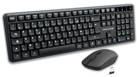 AD ADVANCE - SilentKeys, Set di tastiera mouse wireless silenziosa per PC e Mac, tastiera AZERTY 105 tasti, 12 scorciatoie multimediali, altezza regolabile, mouse 1600 DPI, Dongle USB, nero