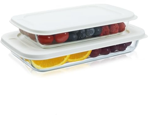 Navaris Bandeja Horno Cristal con Tapa - Set 2x Fuente Horno Cristal de Borosilicato Resistente - 2x Bandejas 2,2 l y 1,6 L - Fuente Vidrio para Microondas Nevera y Lavavajillas