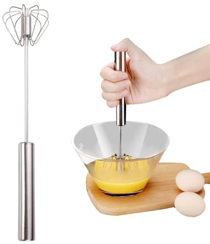 2025 New Semi Automatic Whisk Stainless Steel Egg Beater, Semi Automatic Whisk, Milk Frother, Rotating Push Mixer Stirrer for Whisking, Beating, Stirring (10 inch)
