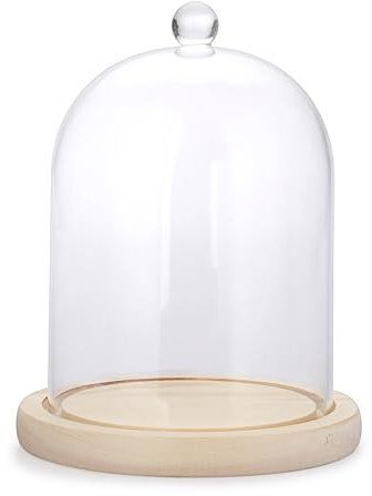 SUMTree Cloche en Verre avec Socle en Bois Cloche de présentation Transparent avec Base en Bois Naturel et poignée en forme de globe décoration pour figurine, Collection (12x15cm)