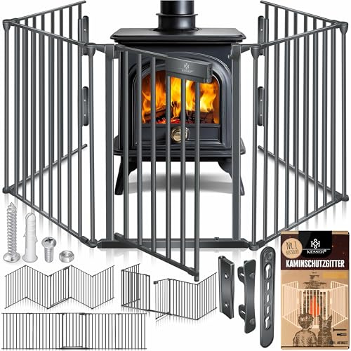 KESSER® Barrera de chimenea con puerta de 480 cm, valla metálica para protección del horno, valla para parque infantil, barrera, valla para protección de animales, protección de puerta para seguridad