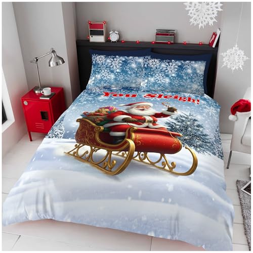 GC GAVENO CAVAILIA Sleigh Christmas Duvet Cover Set - Soft Xmas Bedding & Quilt Cover with Pillowcase - Santa Cloak Pattern Single Bed Duvet Set - Breathable Comforter Cover (135x200 cm) - Washable
