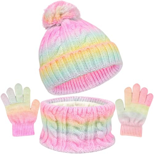 AYNKH 3-piece Warm Winter Hat and Scarf Set for Girls, Kids Hat Scarf Gloves Set,Thermal Knitted Pom Pom Hat Snood Gloves Winter Accessories for Boys Girls Aged 3–10