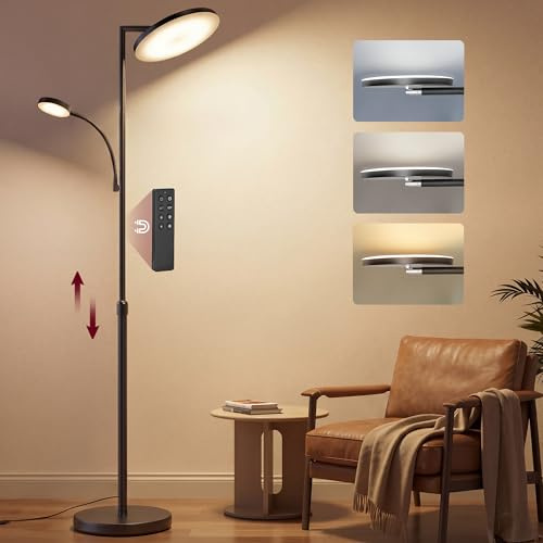 VASAGLE Lampada da Terra LED Regolabile in Altezza, Piantana 42 W, Testa Orientabile, Camera da Letto Ufficio, Luce da Lettura, Timer, Pulsanti e Telecomando, Nero Opaco LFL028BD02