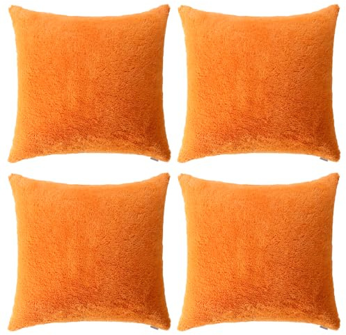 Thmyo 4-Pack Super Soft Fluffy Faux Fur Cushion Covers 45x45 cm Orange | Comfortable Plush Square Throw Pillow Cases Decorative Pillowcases for Sofa Bed Couch Living Room Home Decoration