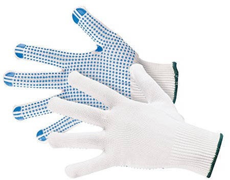 12 Paar JAH 5070 weiße Nylon-Feinstrick Arbeitshandschuhe mit blauen Noppen griffsicher atmungsaktiv guter Tragekomfort hohe Abriebfestigkeit. 100% Polyamid ohne Nähte mittelschwere Qualität Gr. 10