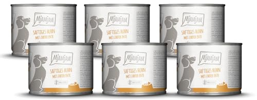MjAMjAM - cibo umido premium per cani - pollo succoso con anatra tenera su carote e miglio cotto, confezione da 6 (6 x 200 g), naturale con carne extra