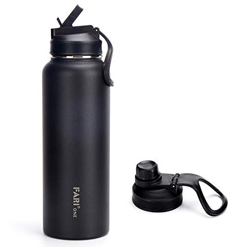 FARI Sport-Trinkflasche mit Strohhalm und Ausgießer-Deckel – 660/960/1200ml, doppelwandig, vakuumisoliert, Edelstahl mit breiter Öffnung, um Getränke kalt oder heiß zu halten (1200ml, schwarz)