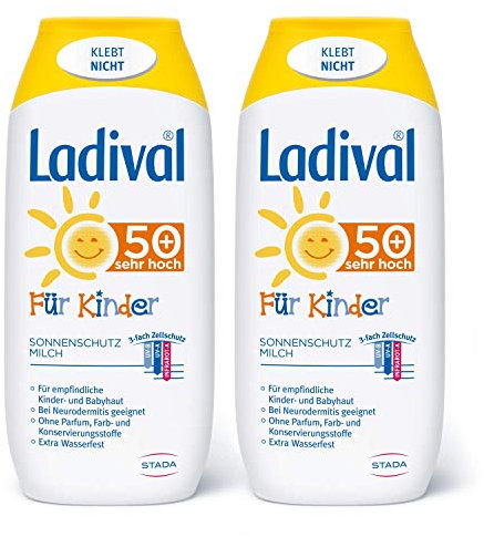 Ladival Kinder 2 x Sonnenmilch LSF 50+ Parfümfreie Sonnenschutzlotion für Kinder ohne Farb und Konservierungsstoffe wasserfest 2 x 200 ml, keine, 400 milliliter