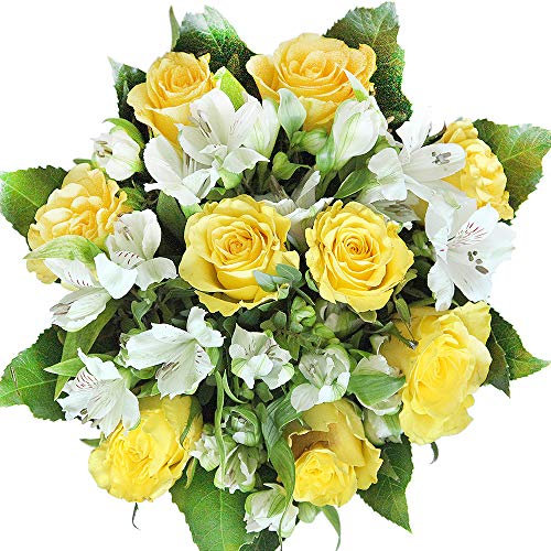 Blumenstrauß mit gelben Rosen und weißen Alstromerien - Inklusive Grußkarte # Geschenk zum Geburtstag