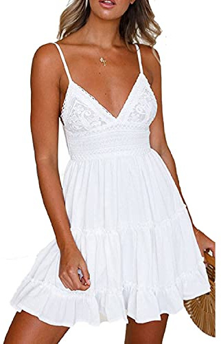 TBSCWYF Vestito da Donna con Arco Volant e Orlo Smocked Mini Abito da Spiaggia Senza Maniche Pattinatore Vestito Festa Vestiti Casual Prendisole a Canottiera in Pizzo