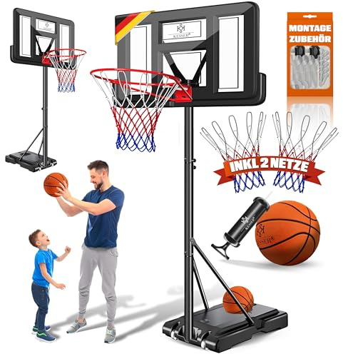 KESSER® Canasta de Baloncesto Premium, Base Ruedas Incluidas - Balón + inflador, Altura de la Canasta Regulable 230 a 305 cm, instalación de Canasta al Aire Libre