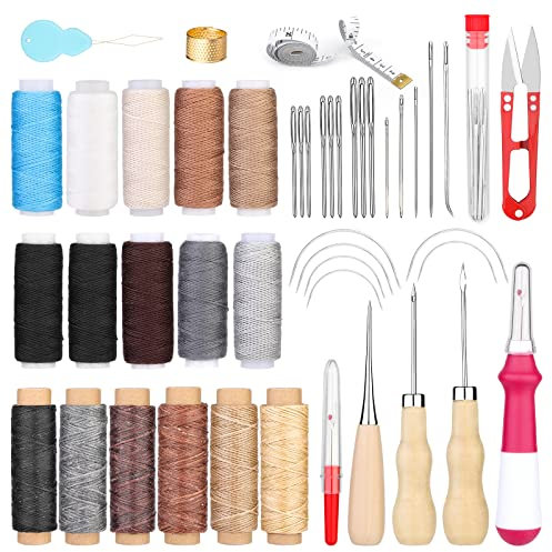46 Stücke Leder Nähen Set, Leder Werkzeuge Set mit 10 Farben Nähgarn, Wachsfaden, Ledernähnadeln, Ahle, Schere, Fingerhut und Maßband für Anfänger und Profis zum Lederhandwerk