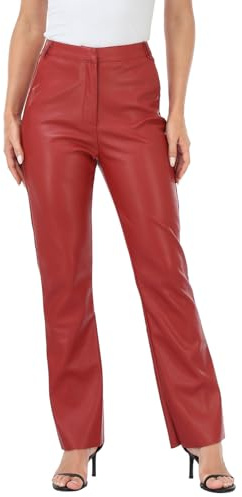 HDE Women's Faux Leather Pants High Waisted Straight Leg Trousers with Pockets Red - M