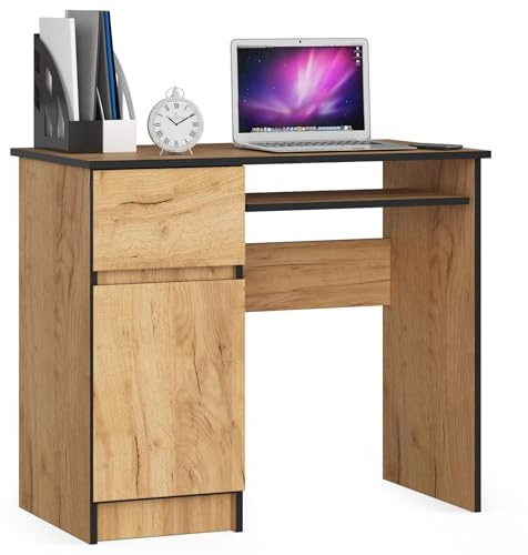 AKORD | Escritorio con Estante para Teclado, Cajón y Contenedor en el Lado Izquierdo | Escritorio de Oficina | Escritorio para Computadora PC Portátil | 90x77x50 cm | 30 kg Roble Artisan