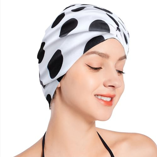 SUNTRADE Cuffia da bagno da donna per donna e ragazza, con capelli corti e pieghettati, cappello a turbante non impermeabile (bianco-nero)