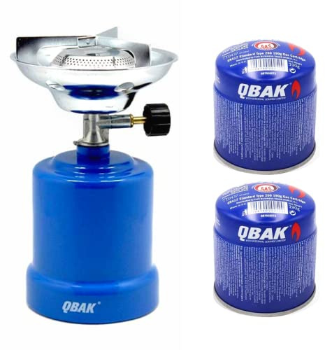 KROWN - Hornillo Camping Gas Cocina Portátil + 2 Bombonas 190g para Acampada, Campo, Playa, Montaña, Quemador con Regulador de Gas Butano