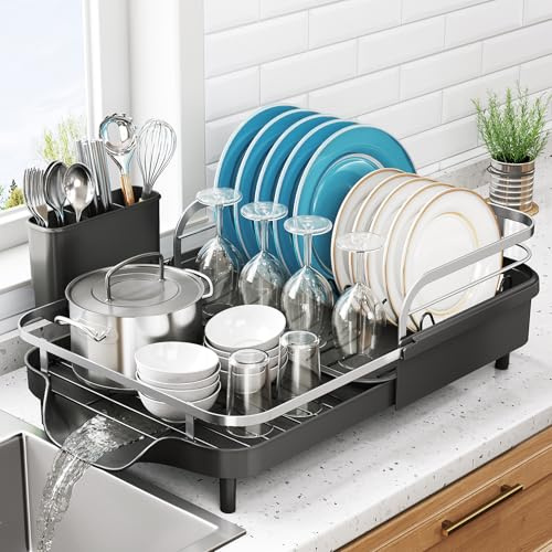 SNTD Dish Drying Rack, Expandable Dish Rack for Kitchen Counter, Stainless Steel Dish Drainer with Drainboard Set and Utensil Holder (Black)