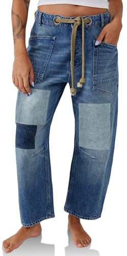 PLNOTME Womens Baggy Barrel Horseshoe Jeans Wide Leg Patchwork Low Rise Denim Pants with Pockets Blue