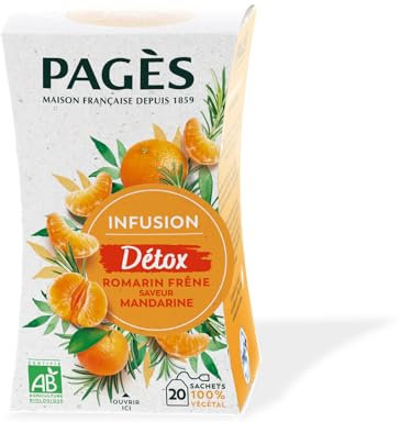 Pagès - Infusion BIO Détox - Romarin, Frêne, Menthe Douce, Frêne, Saveur Mandarine - Recette Drainante - Boîte de 20 Sachets, 100% Végétal