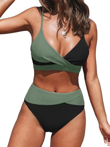 CUPSHE Damen Bikini Set Crossover V Ausschnitt High Waist Tank Bikini Bademode Farbblock Elegant Zweiteiliger Badeanzug Swimsuit Schwarz/Grün L