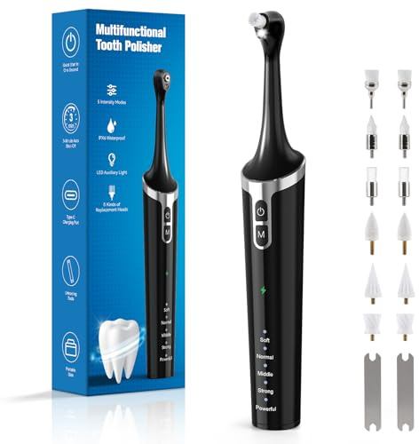 GUPAY Tooth Polisher Rechargeable Teeth Whitening Kits for Teeth Daily Cleaning and Whitening Dental Polisher with 2 Set Polishing Brush Heads LED Light 5 Speed Modes Waterproof