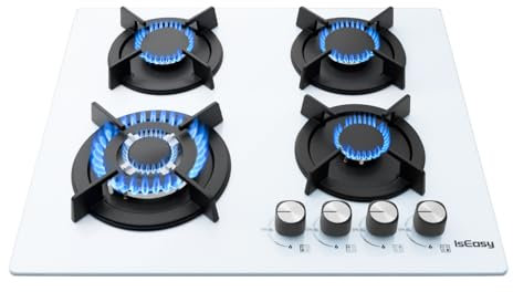 IsEasy - Placa de gas de 4 fuegos blancos, placa de cocina de 4 fuegos, mesa de gas de 60 cm – Cocina empotrable – Gas Ciudad y Botella – Vidrio blanco