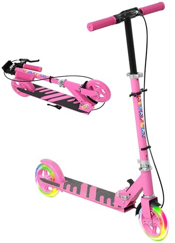 AIYAPLAY Scooter for Ages 3-8 Years, Folding Kick Scooter with Adjustable Handle, Two Light Up Wheels, Handbrake, Rear Brake, Pink