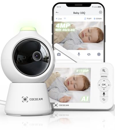 COCOCAM 2K 4MP AI Baby Monitor Video e Audio con 5 LCD, 2,4G/5GHZ WiFi, Rilevamento Volto Coperto, Album Temporale Intelligente, Tracciamento Automatico, Rilevamento Grido, Crittografia AES